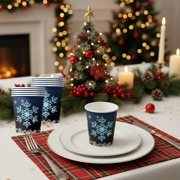 Decoraciones navideñas, artículos para fiestas con copos de nieve, vajilla desechable negra de invierno, vasos de papel con temática de nieve navideña, artículos para fiestas de cumpleaños y Navidad,