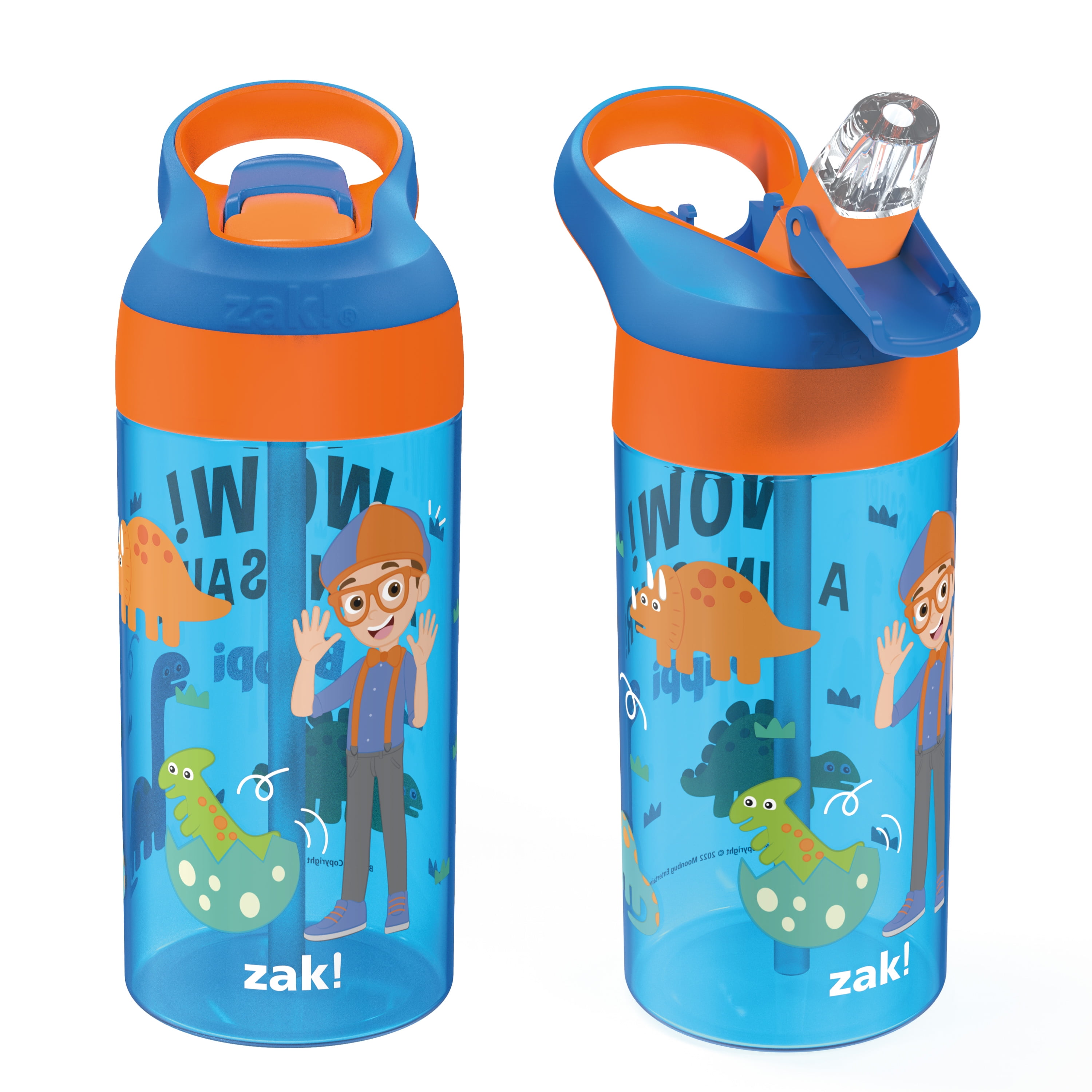 Zak Designs 2pc 17.5 oz Kids Water Bottle Plastic Flip Straw Spout Cover and Carry Handle, Blippi -