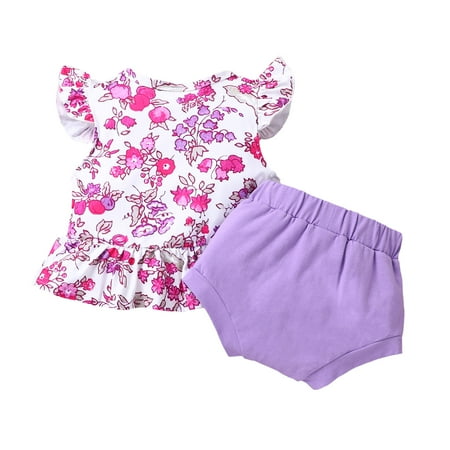 

Puloru Girl’s Flower Fly Sleeve T-shirt and Solid Color Triangle Shorts Set