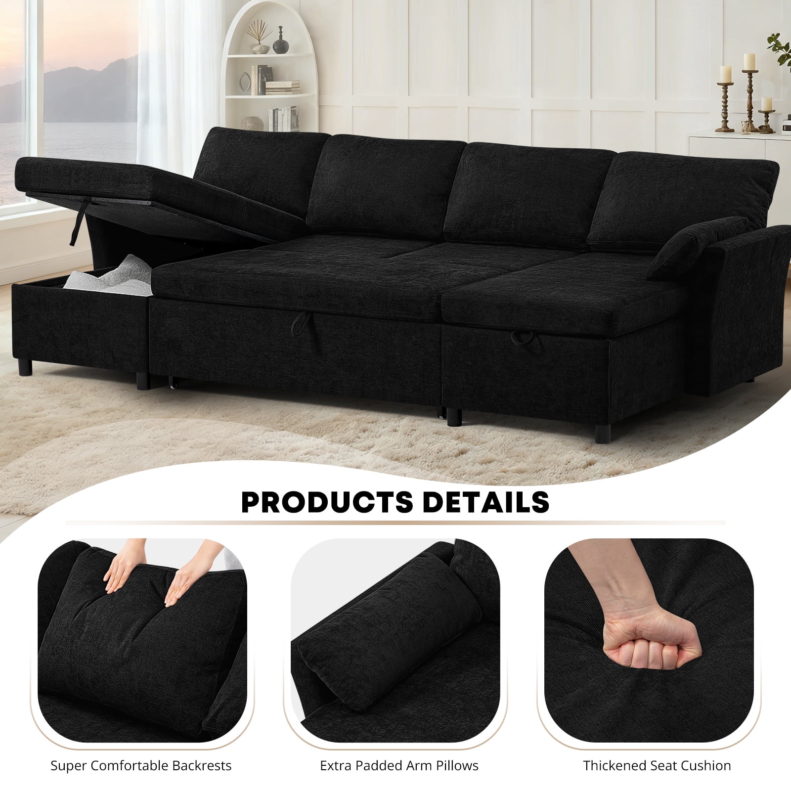 ACMEASE 107 Inches Fabric Sectional Sofa with Pull Out Sofa Bed, Modern U Shaped Sofa with Throw Pillows, Comfortable Sleeper Couch with Storage Chaise for Living Room, Black