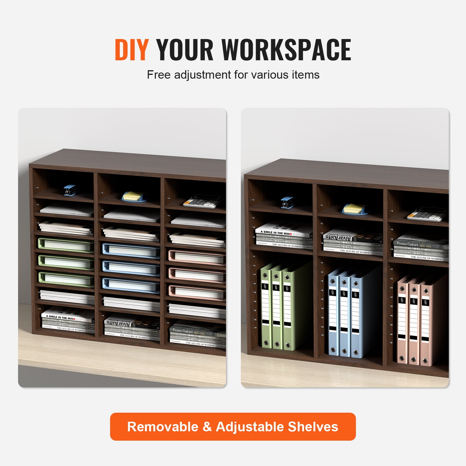 VEVOR Wood Literature Organizer Adjustable File Sorter 24 Compartments Countertop Literature Organizer Paper Storage Holder Brown