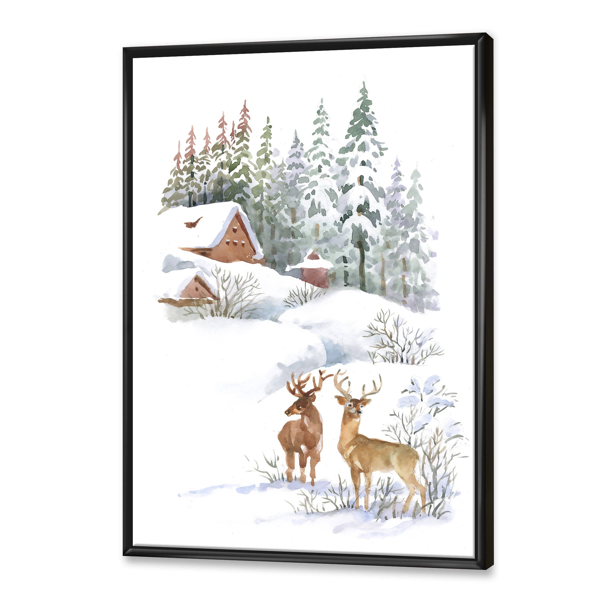 Designart 'Two Deers With Winter Cottage' Farmhouse Framed Canvas Wall Art Print
