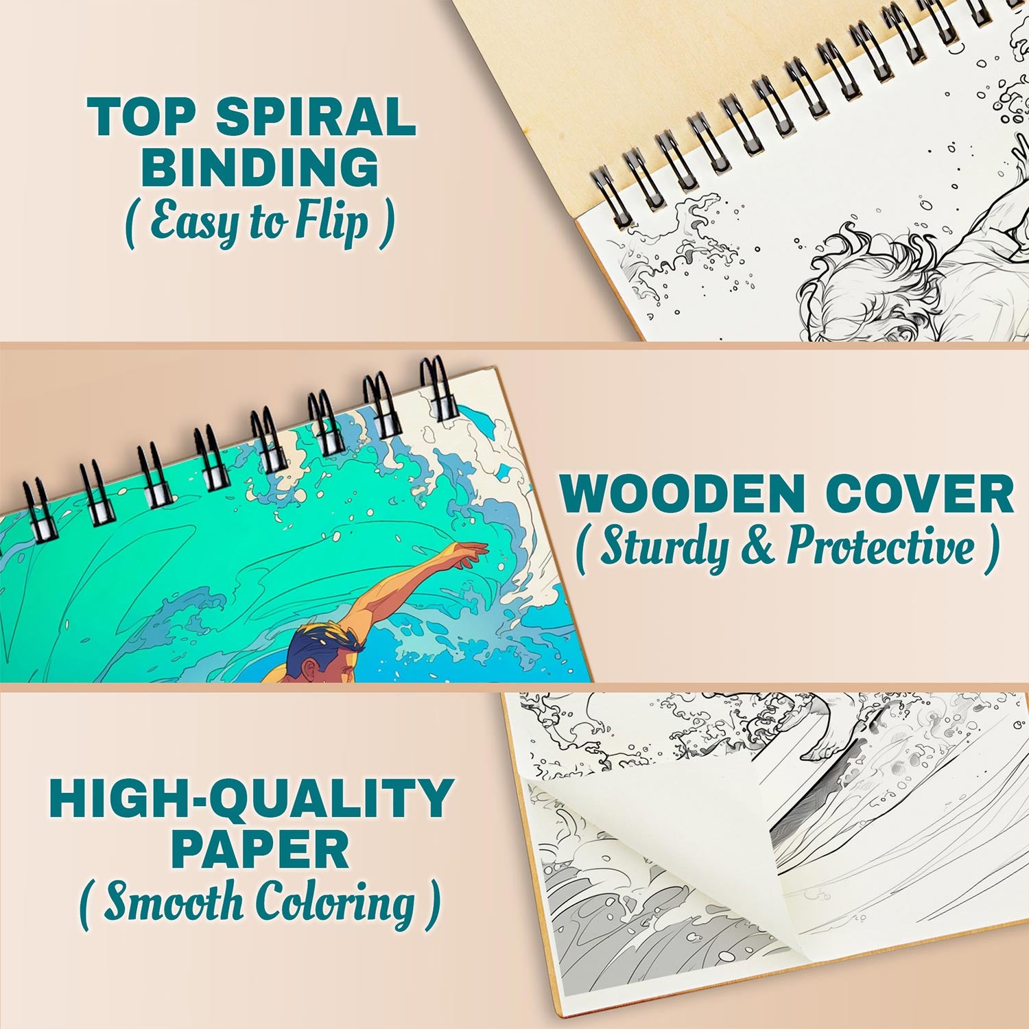 Netecom Surfboard Paradise Coloring Book for Adults, A5 Wooden Cover, 30 Beautiful Coloring Pages of Surfing Lifestyle for Stress Relief and Relaxation, Spiral Bound Edition