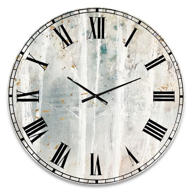 Round traditional wall clock featuring black Roman numerals and hands over a soft watercolor painting of birch trees in muted tones.
