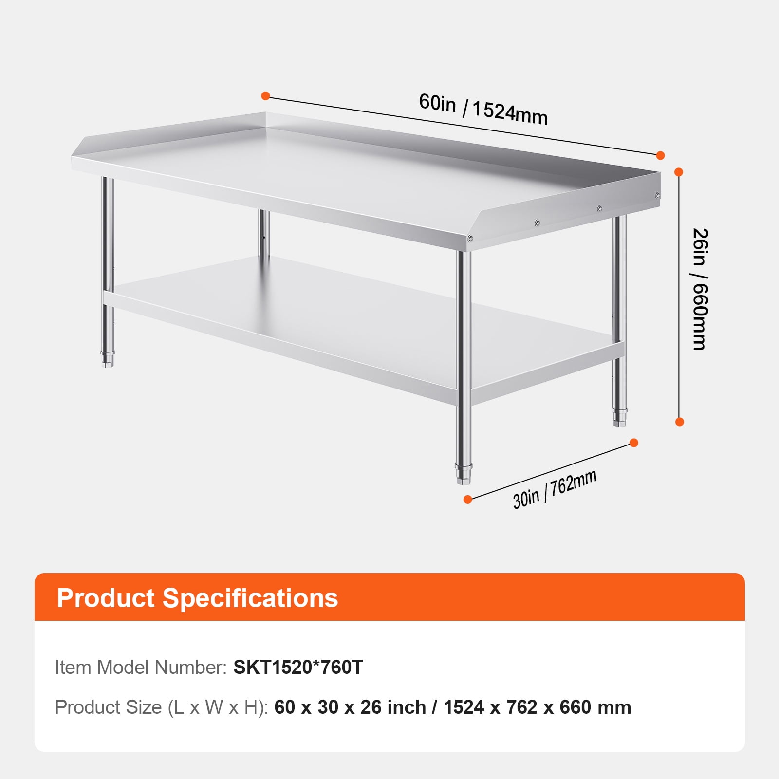 KFFKFF Stainless Steel Work Table, 30 x 60 x 26 Inch Commercial Food Prep Table with 3-Sided Backsplash, Durable Metal Workstation for Kitchen, Restaurant, or Home Use