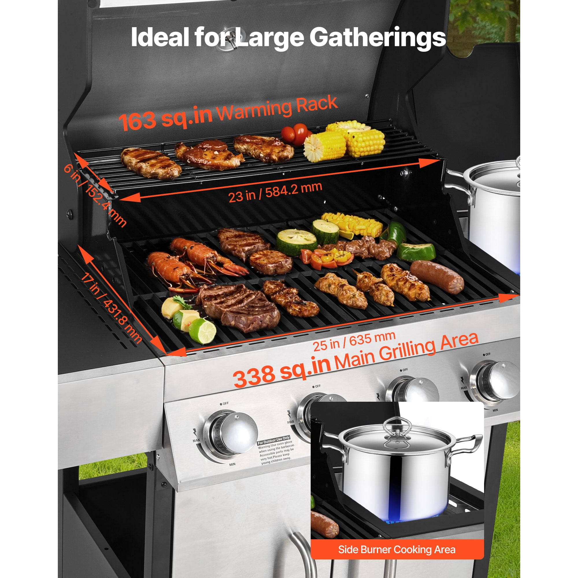 KFFKFF 4-Burner Propane Gas Grill with Side Burner, 425 SQ.In Cooking Space, Carbon Steel Enamel Grates, Outdoor 52,000 BTU Patio BBQ Grill with Dual Side Shelves, Stainless Steel Construction