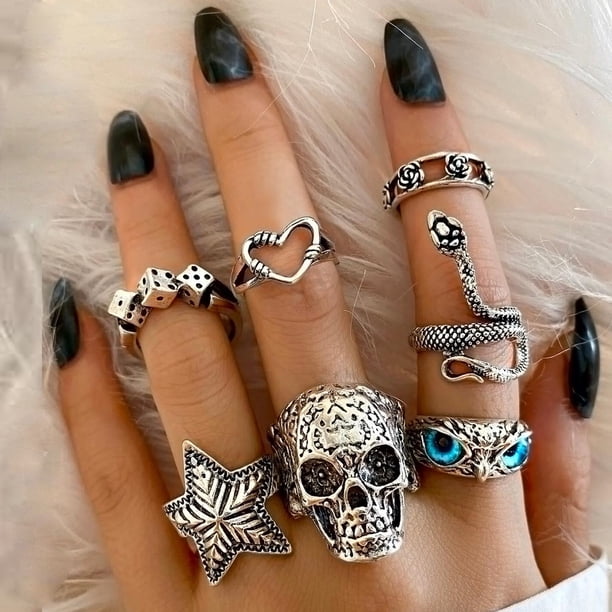 Estilo De Metal Pesado Punk Exagerado Esqueleto De Póker Payaso Araña Anillo Conjunto Para Los Hombres Góticos Anillos De Moda Joyería Regalos De La Fiesta
