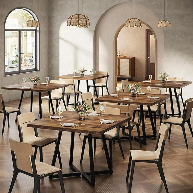 Square Dining Table Set of 6, Industrial Dinner Table with Metal Base