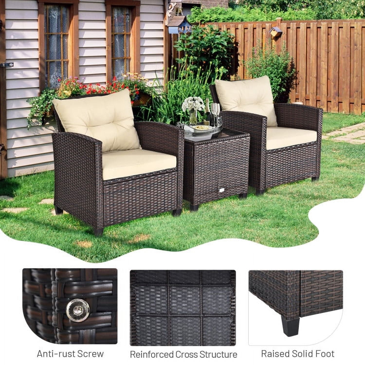 Aimee Lii 3 Pieces Wicker Patio Furniture Set, Coffee Table Cushioned Sofa, Modern Patio Furniture, Beige Aimee Lii 3 Pieces Wicker Patio Furniture Set, Coffee Table Cushioned Sofa, Modern Patio Furniture, Beige