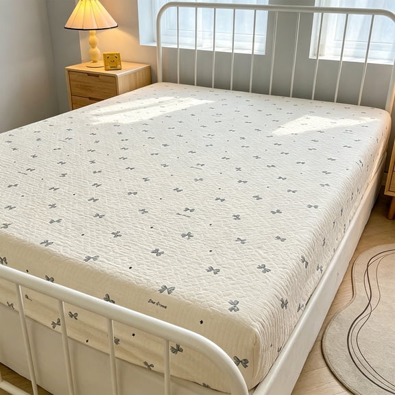 AuroraX Queen Fitted Sheets Sold Separately Deep Pocket , Beige Cooling Patterned Wrinkle Free Bow Double-layer Fitted Sheets Queen Size for Women
