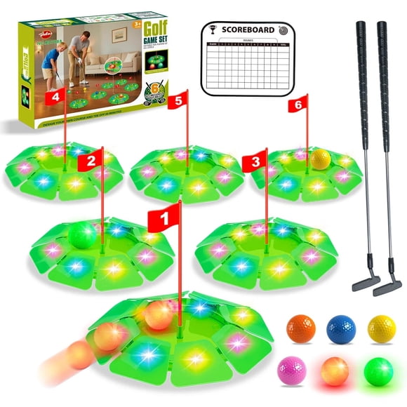 VATOS Light up Golf Putting Game Set - Glow Golf Toy with 6 LED Holes, 6 Balls (2 Glow), Extendable Putter, Build Your Own Course at Home Indoor Outd
