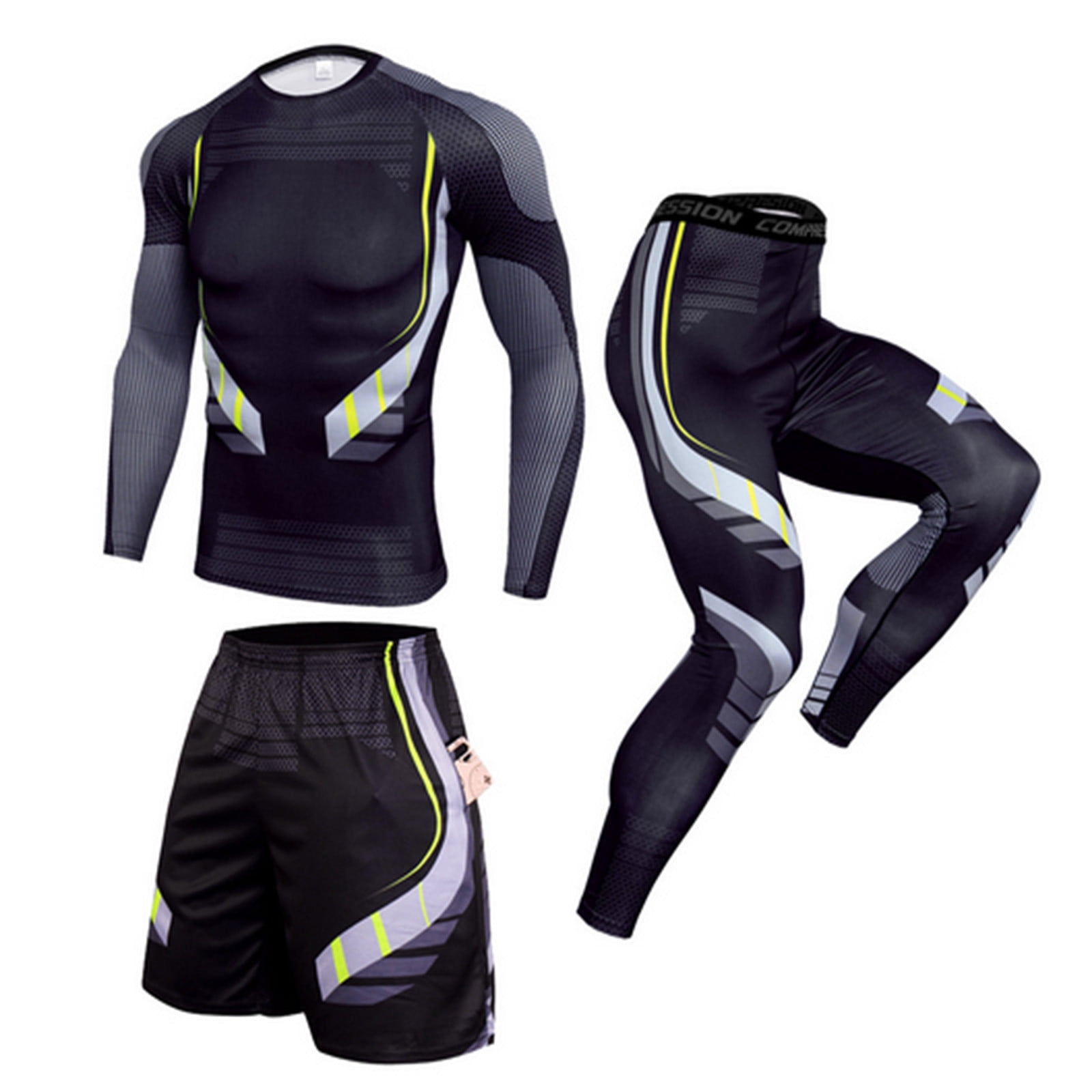 Sinzelimin 3Pcs Men's Compression Workout Clothes Long Sleeve Shirt