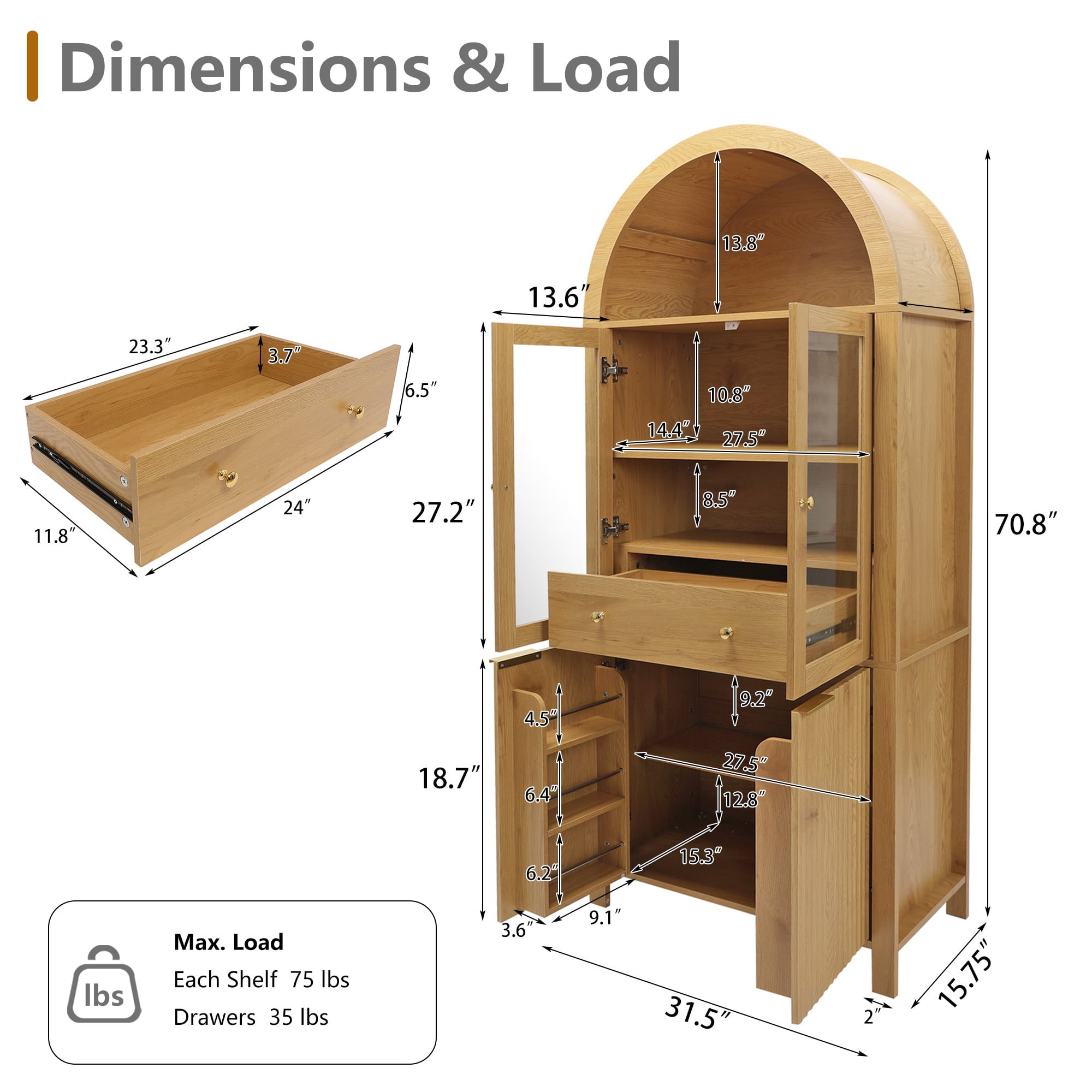 Mintazer 71" Fluted Tall Arched Kitchen Pantry Cabinet with Adjustable Shelves, Freestanding Storage Cabinet with Glass Doors & Drawer for Kitchen Living Room Dining Room, Natural