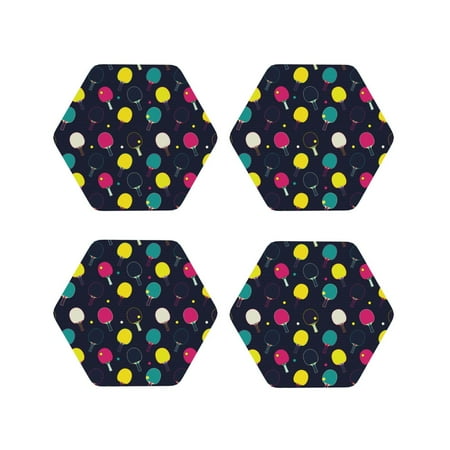 

Honeii Colorful Ping Pong Rackets Print Leather Coaster Set of 4 Ideal for Safeguarding Your Furniture from Drinks Spills and Effortless Cleanup-Hexagon