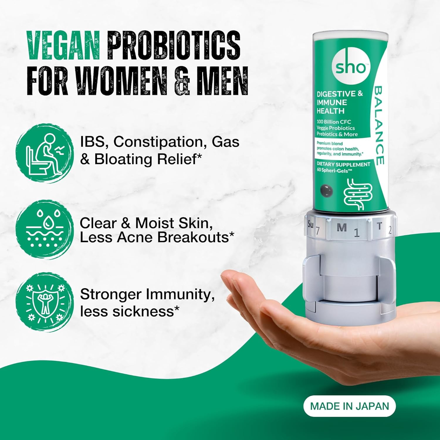 SHO Balance 100 Billion CFU Prebiotics and Probiotics Including Lactobacillus Casei for Digestive Health, Shelf-Stable Vegan Probiotics for Men and Women – 60 Pills 3 Bottles with Dispenser
