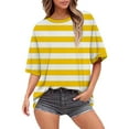 thumbnail image 2 of YVNAURA 3D Printed Striped Short Sleeve Tee Women Yellow Black Loose Fit Round Neck Oversized Summer Top Festival Casual Cotton Blend T Shirt, Yellow,XXL, 2 of 4
