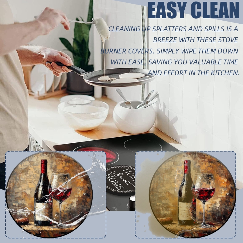 Metal Burner Covers for Electric Stove, Vintage Wine Bottle and Glass Durable Round Gas Stove Burner Covers Set of 4, 8 Inches and 10 Inches