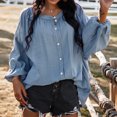 thumbnail image 2 of Blusa azul de manga larga transpirable con mangas farol y cuello redondo, talla XL, para uso diario informal para fiestas, 2 of 6