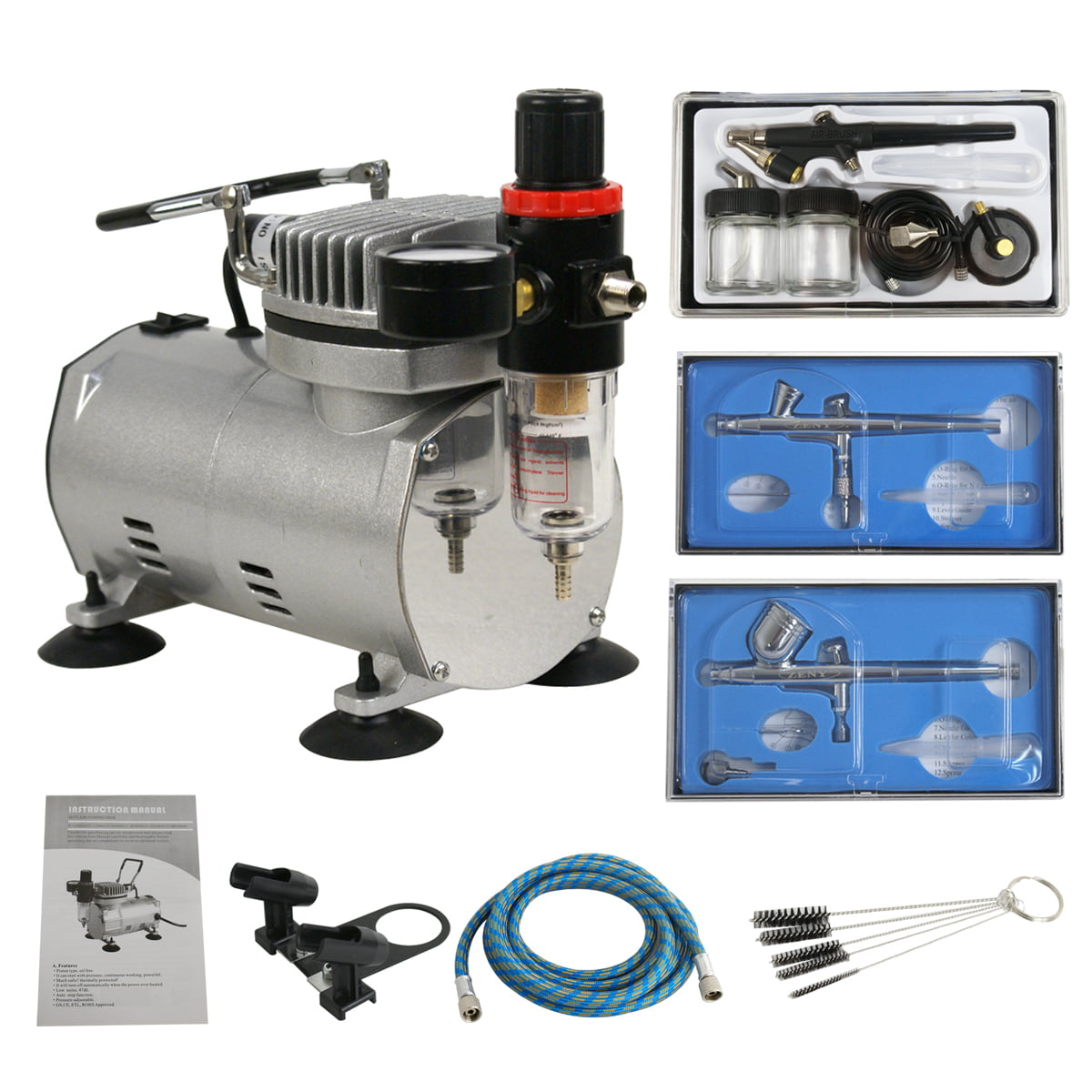 ZENY Pro Multi-purpose Airbrush 1/5HP Airbrushing Compressor Kit System Dual Action Paint Artist Set w/ 3 Airbrushes 6 Air Hose & Airbrush Holder 