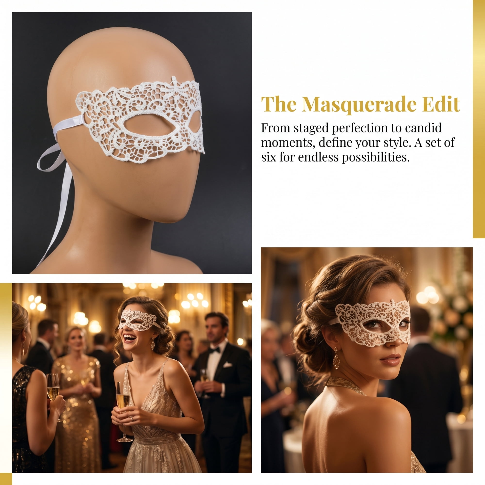 Unique Bargains 6-Pack Venetian Lace Eye Masks Set for Halloween Costume Party White 8.7" x 5.1"