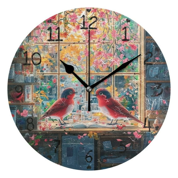 Two Cute Birds Round Wall Clock Silent Battery Operated Home Decor for Living Room Bedroom