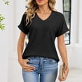 thumbnail image 2 of VEKDONE Waffle Knit T Shirt for Women Summer Roll Short Sleeve V-Neck Tunic Tops Solid Color Loose Fit Lightweight Pullover Top Housewear Knitwear Black XXL, 2 of 6