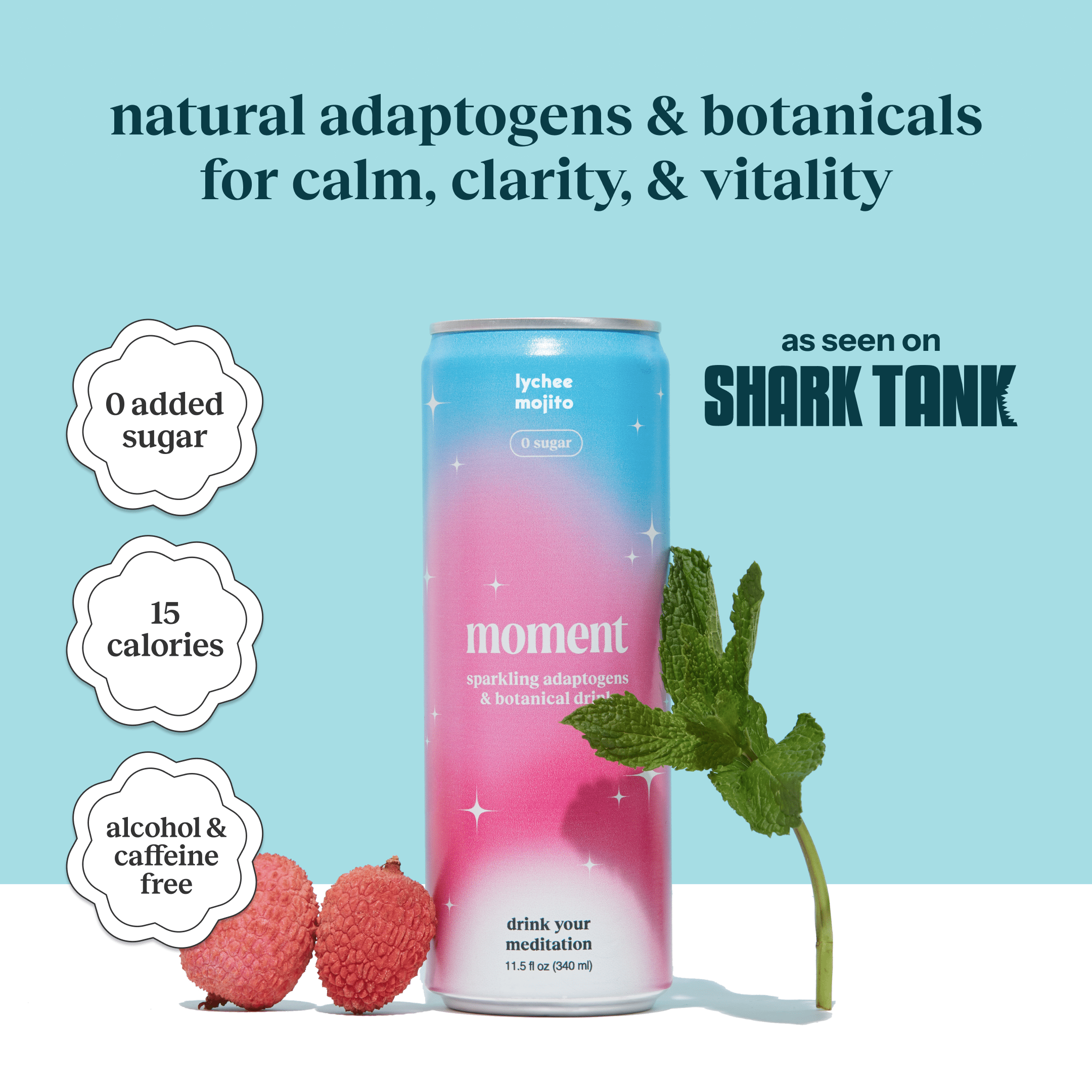 Moment Mocktails Non Alcoholic Drinks (Shark Tank) | SPARKLING Lychee Mojito Adaptogen Drink | L-Theanine & Ashwagandha for Calm & Clarity | 0 Added Sugar 0 Caffeine | 12-pack