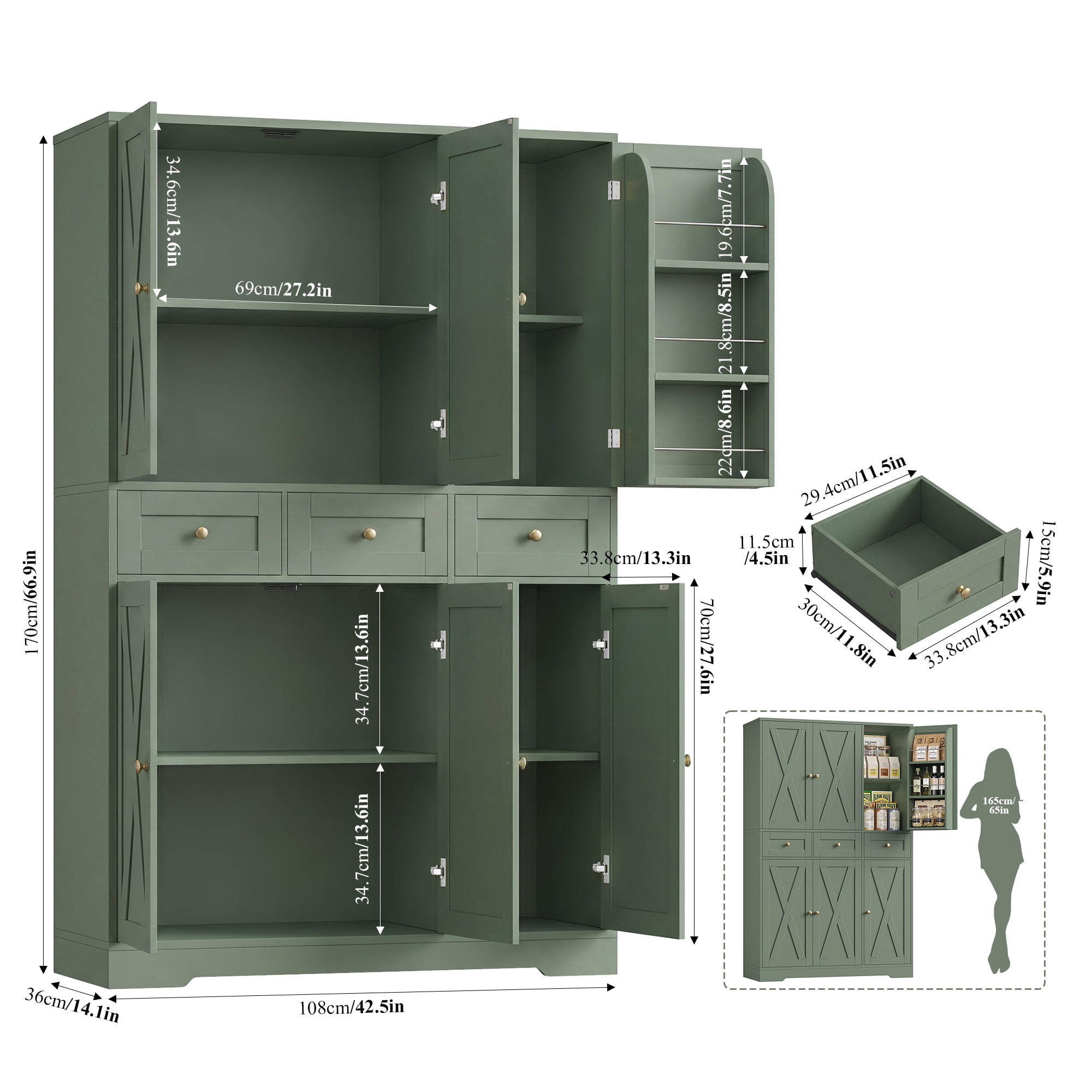 Hiphuta 67" Tall Farmhouse Kitchen Pantry Storage Cabinet with Door Shelves, 43" Wide Large Cupboard Hutch with 3 Drawers, Green