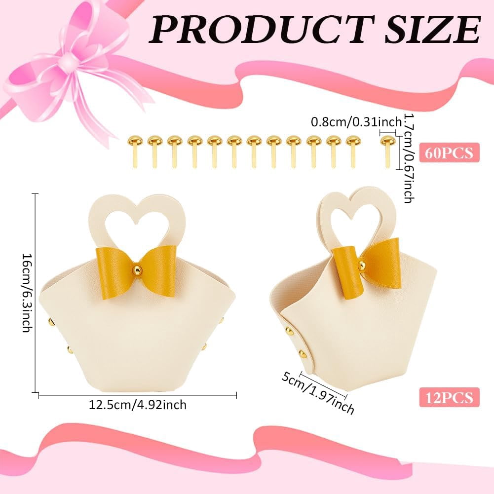 White 12 Sets PU Leather Bowknot Gift Box with Handle 6.3x4.9x2inch Reusable Leather White Treat Box with Gold Heart Handle Mini Handbag for Birthday Wedding Party Baby Shower