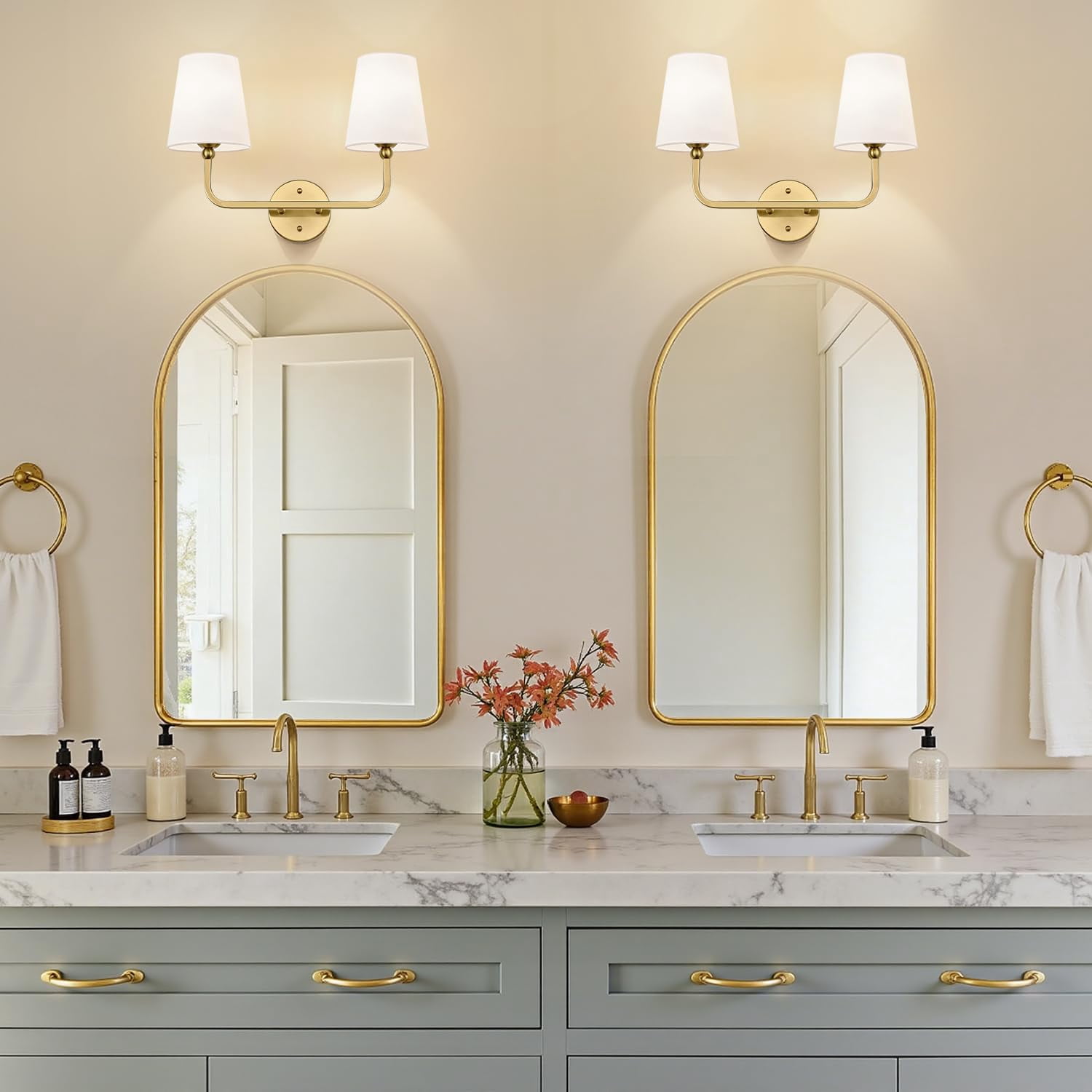 Bathroom Light Fixtures  2-light Brushed Gold Vanity Lights Lighting Over Mirror With Flared White Fabric Shade Modern Wall Sconces For Living Room Hallway