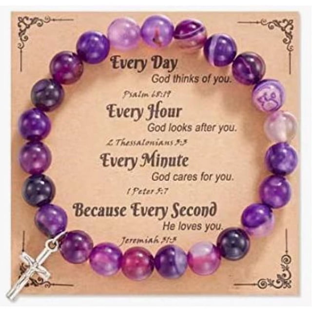 Pulsera de cebra rosa de 8 mm con colgante de amatista de tarjeta Dream Pulsera con colgante de cruz de cebra rosa