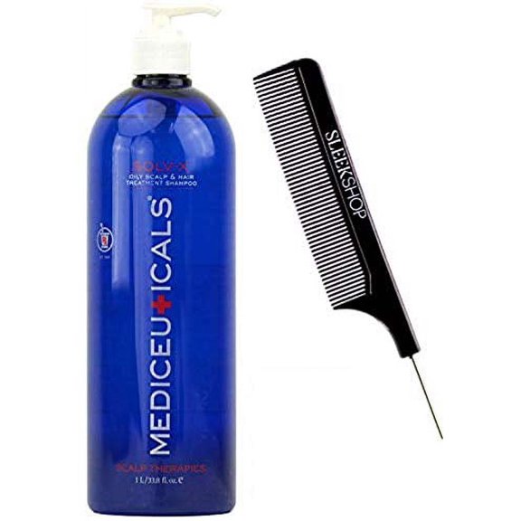 Therapro MEDIceuticals SOLV-X Oily Scalp & Hair TREATMENT SHAMPOO (w/Sleek Steel Pin Tail Comb) Removes Excess Oil and Cell Buildup (33.8 oz / 1000 ml - LARGE LITER SIZE)