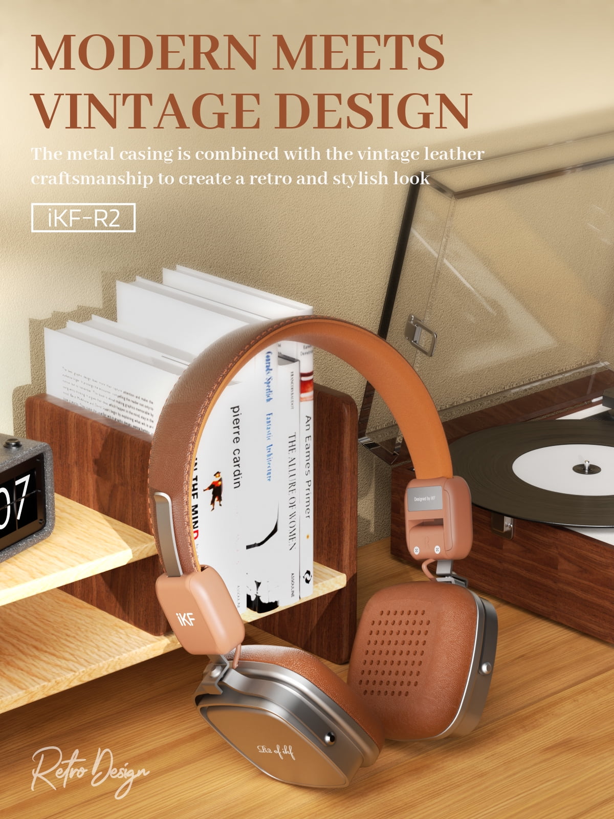 iKF R2 Wireless Headphones Retro Wired Headphones Bluetooth 5.4 Music Controls, 60 Hours Playtime Noise Isolation Fast Charging Throwback 80s 90s Design (Brown)