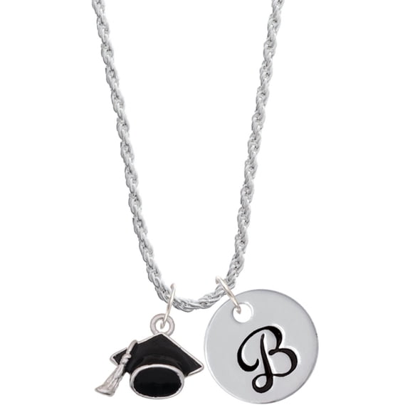 Delight Jewelry Silvertone 3-D Graduation Hat Silvertone Script Initial Disc - B - Charm Necklace, 20"+3"