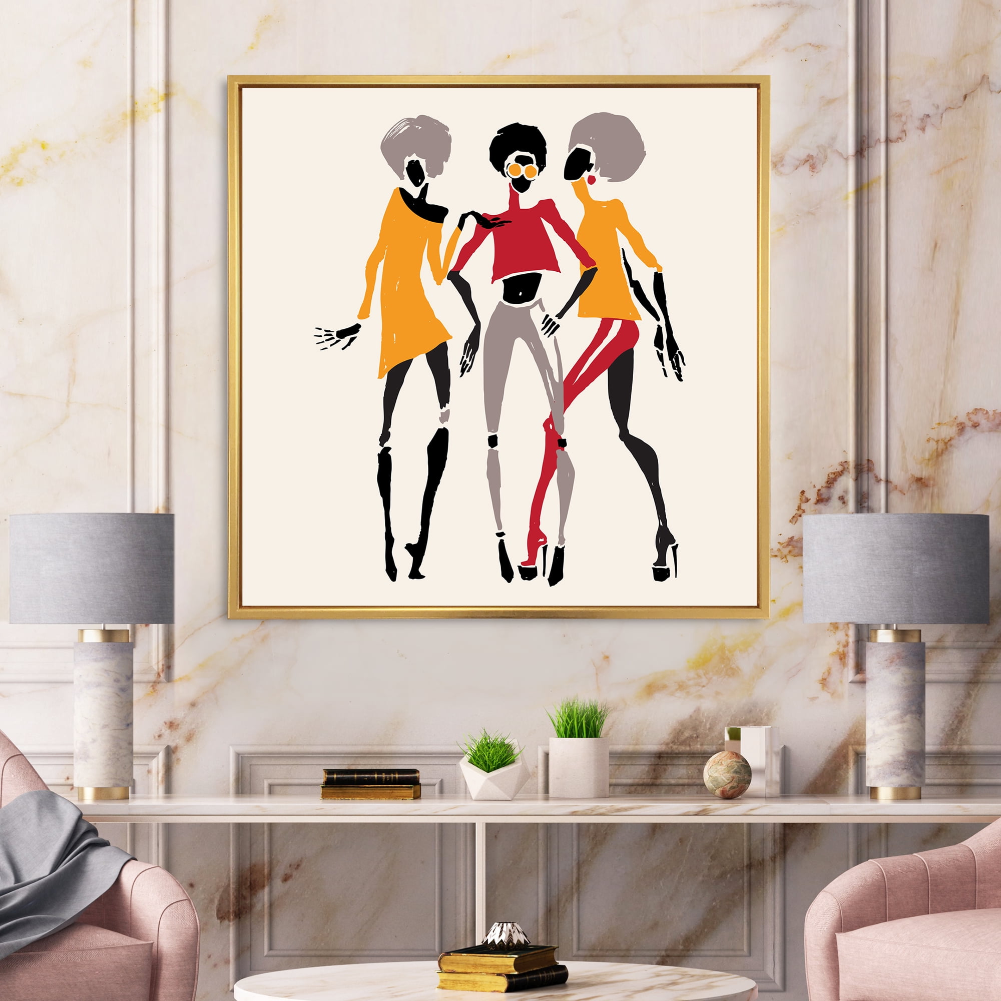 Designart 'African American Women Silhouettes Red and Yellow II' Modern Framed Canvas Wall Art Print