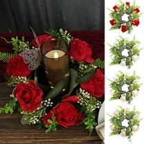 Artificial Rose Candle Ring Wreath Spring Wreaths For Front Door Fake Flower Candle Holder Wreath With Green Leaves Artificial Flowers Wedding Centerpieces Home Holiday Decor