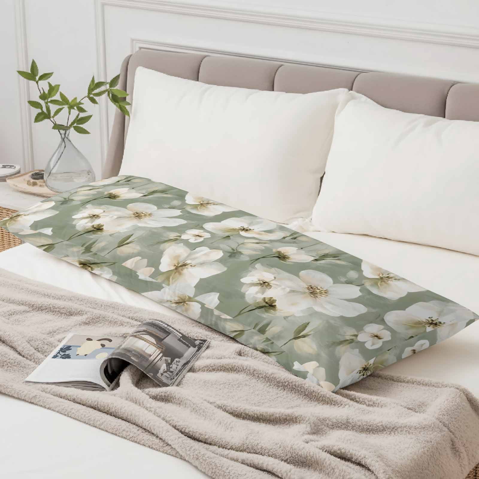 Sage Green Spring Floral Body Pillow Cover, Pillowcase Protectors with Zipper, Breathable Decorative Throw Pillow Case Cover, Summer Botanical Flower Pillow Shams for Couch Sofa 20x54Inch