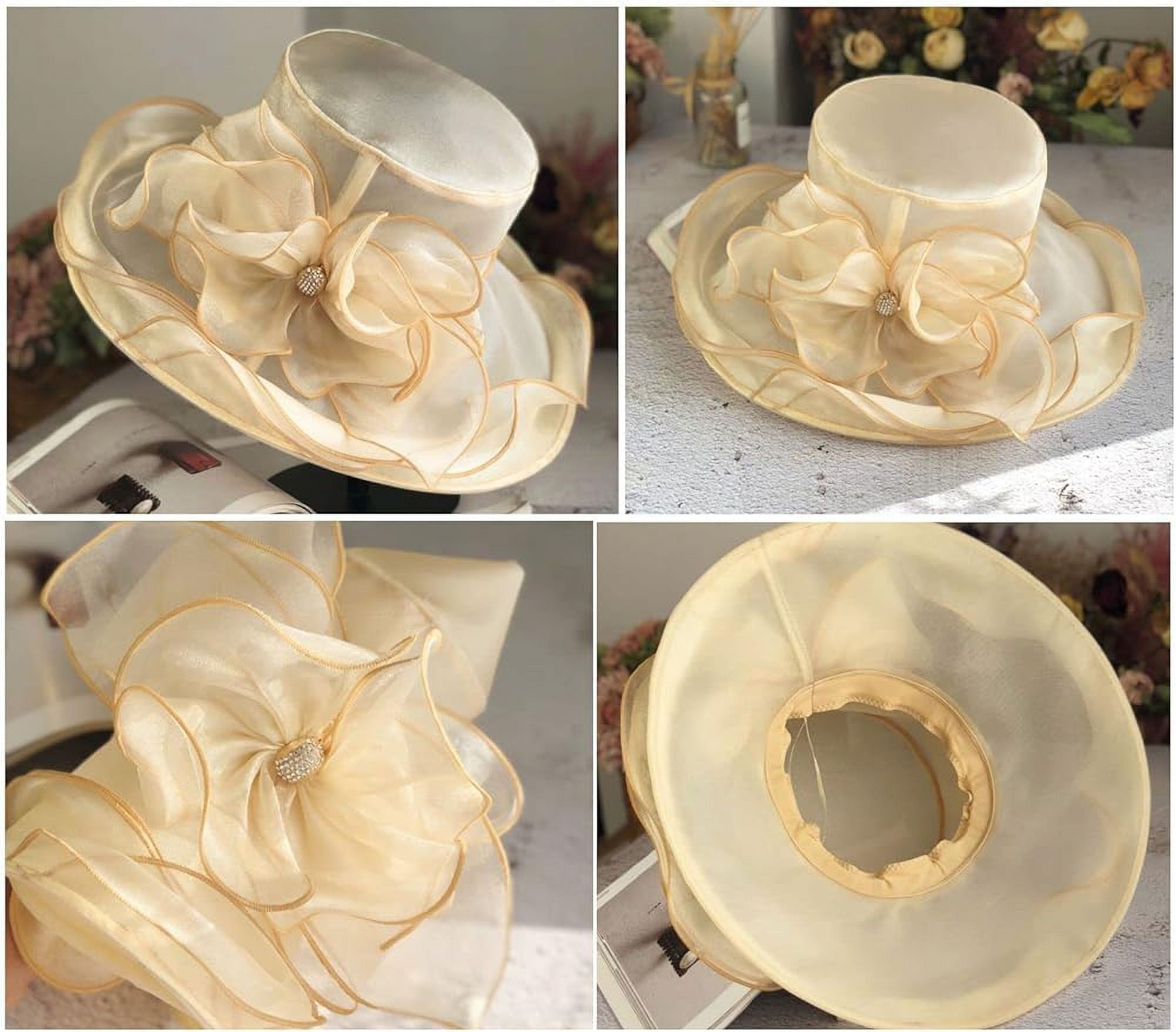 6534 Lady Lace Tea Party Organza Wedding Dress Church Hat Bridal Shower Women Floral Organza Tea Party Hat Ladies Flat Brim Bridal  main image 3