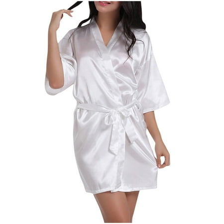 VONCOS Women s Satin Robe Sleepwear- Summer Sexy Sling Bathrobe Valentines Lingerie for Women Short Robes White Size S