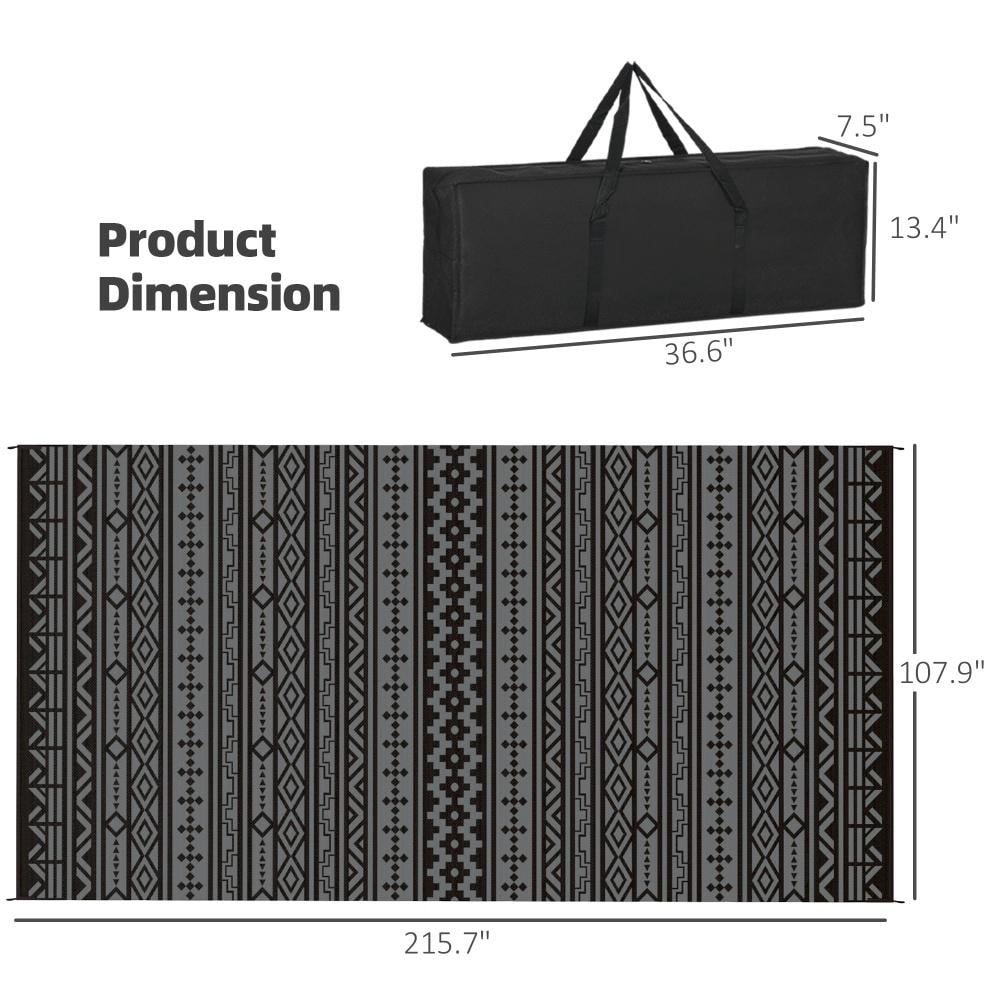 9' x 18' Black & Gray Geometric Wall Reversible Outdoor Patio Rug, Waterproof Plastic Straw RV Camping Rug with Carry Bag, Foldable Fade Resistant Mat