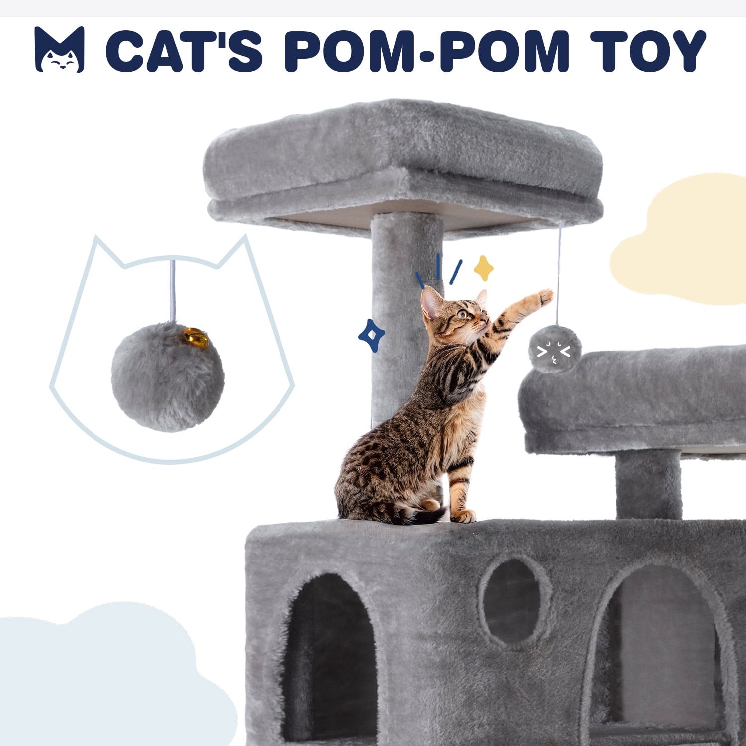 Sifurni 65.7" Large Cat Tree Tower Condo House for Cats with 2 Scratching Ramps, Hammock & Posts, Gray
