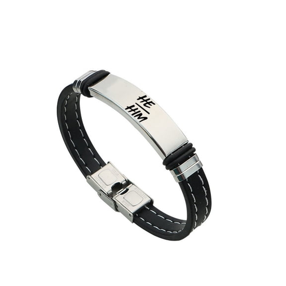 Stylish He Him His Pronouns Silicone Bracelet Gender Identity Neutral Pronouns Bangle, Nonbinary NB Pride Genderqueer Gender Expression Wristband for Male Pronouns Jewelry,8.26 inch,SIlver