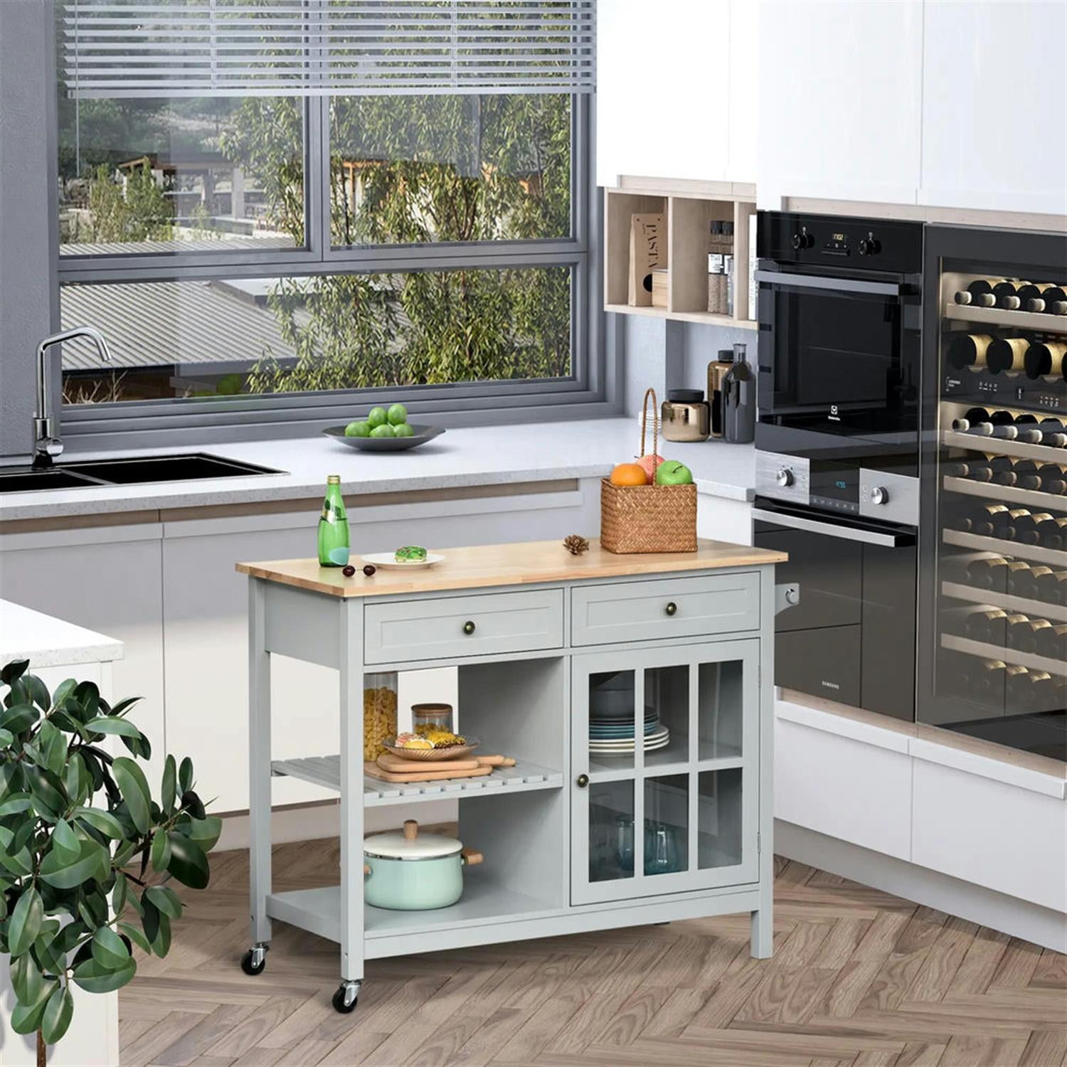 Demi Bonn Kitchen Island Cart on Wheels with Storage, Rolling Dining Room Serving Utility Carts Mobile Movable with Adjustable Shelf and Drawer, Gray