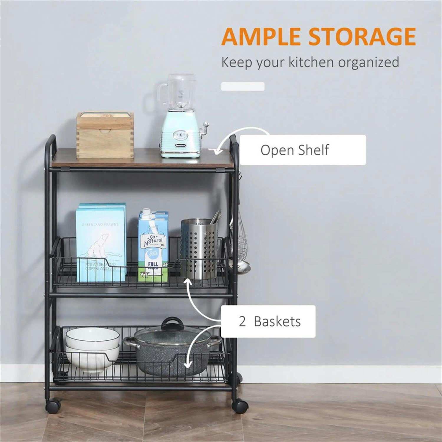 Demi Bonn 33" Kitchen Island Cart on Wheels with Storage, Rolling Dining Room Serving Utility Carts Mobile Movable with Fruit Basket and Side Hooks for Dining Room, Walnut