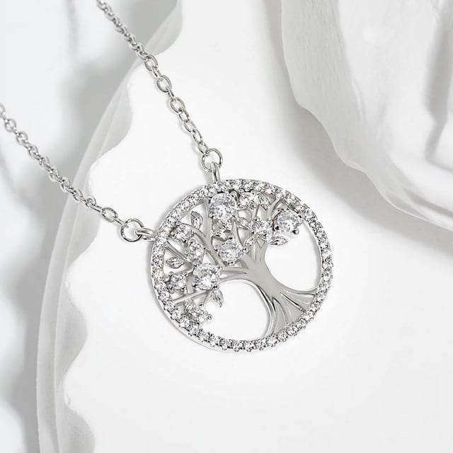 Zhuge Collar con colgante de árbol de la vida para hombres y mujeres, collar con árbol de la vida natural hueco con diamantes de agua (blanco)