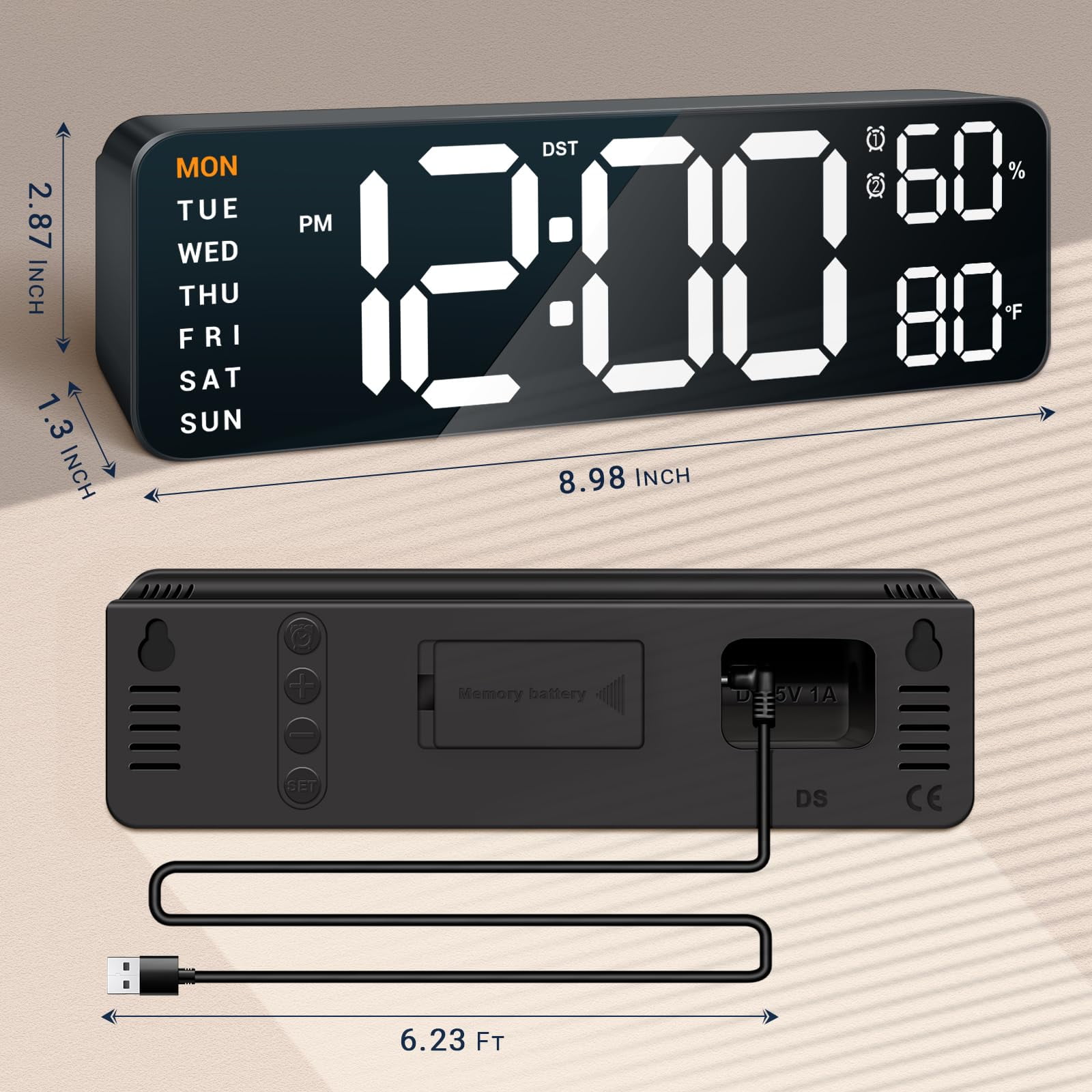10" Digital Wall Mount Clock: Dual Alarm Wall Mount Decor Clock for Living Room Classroom Office Desk, House Warming Gifts New Home Decor, White