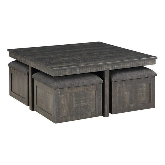 Moseberg Gray Oak Coffee Table with Storage Stools