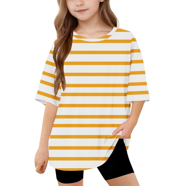 DecSea T-Shirt à Manches Courtes pour Filles, Été, Col Rond Rayé, Décontracté, Basique, 5-14 Ans