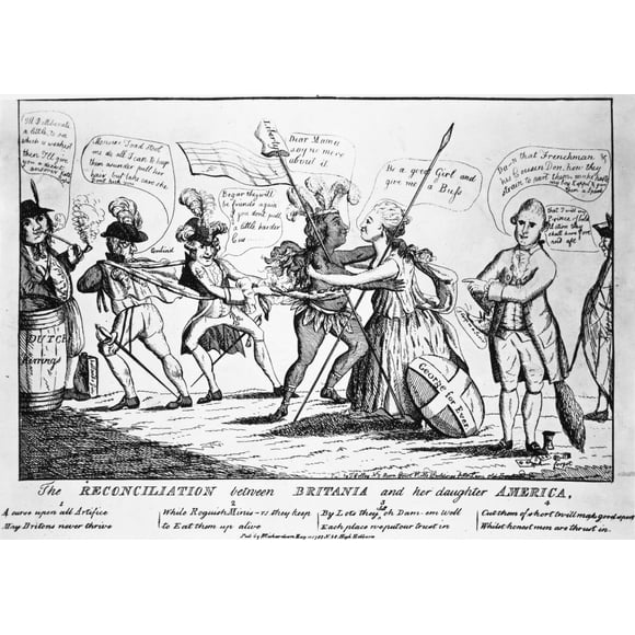 Britannia et Sa Fille. /N'The Réconciliation Between Britannia And Her Daughter America.' Bande Dessinée Satirique Anglaise, 1782. Affiche Imprimée par (18 x 24)