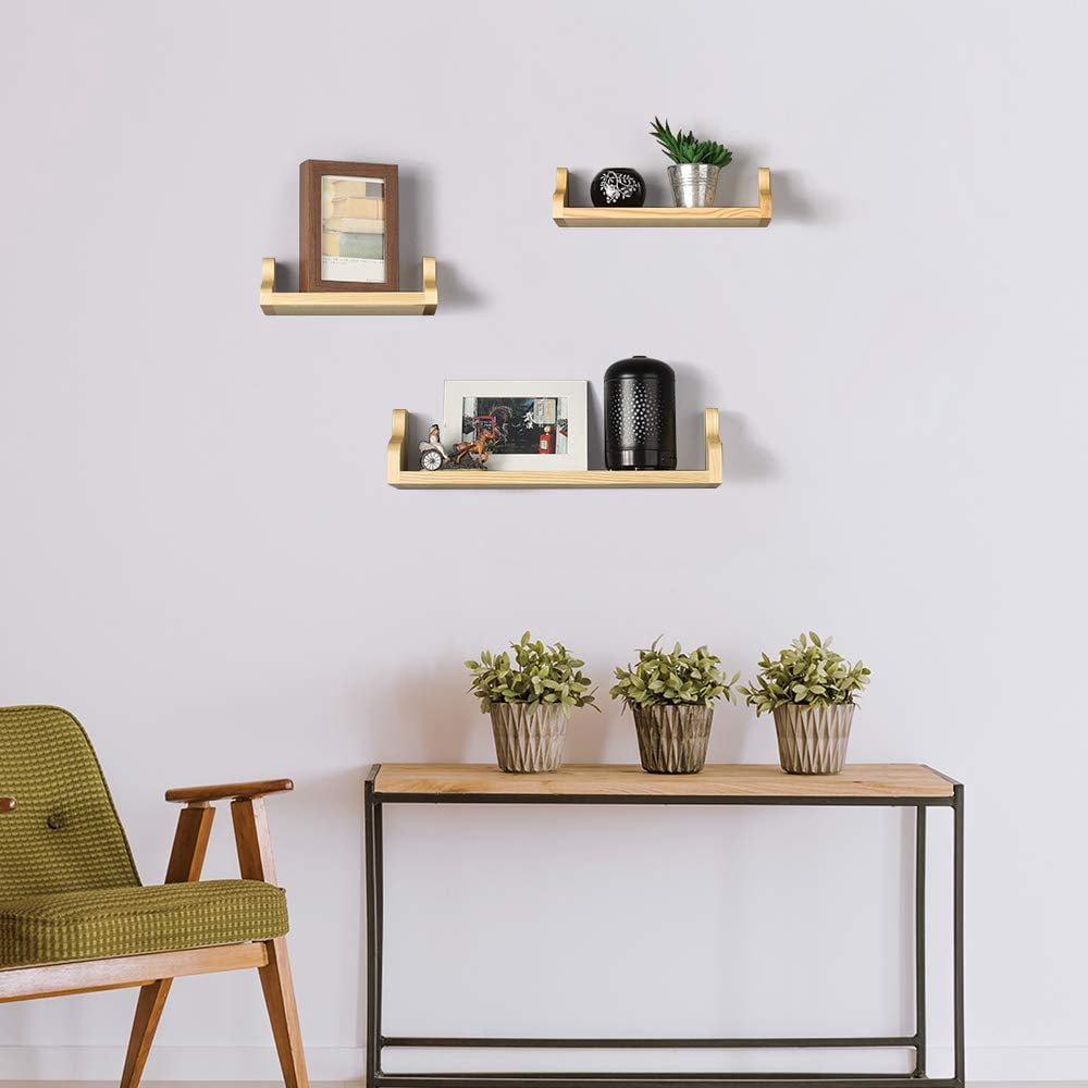 NEX Floating Shelves Wall Shelves Metal Brackets Wall Mounted Rustic Wood Shelves Set of 3 Pale Yellow (NX-HK89-32)